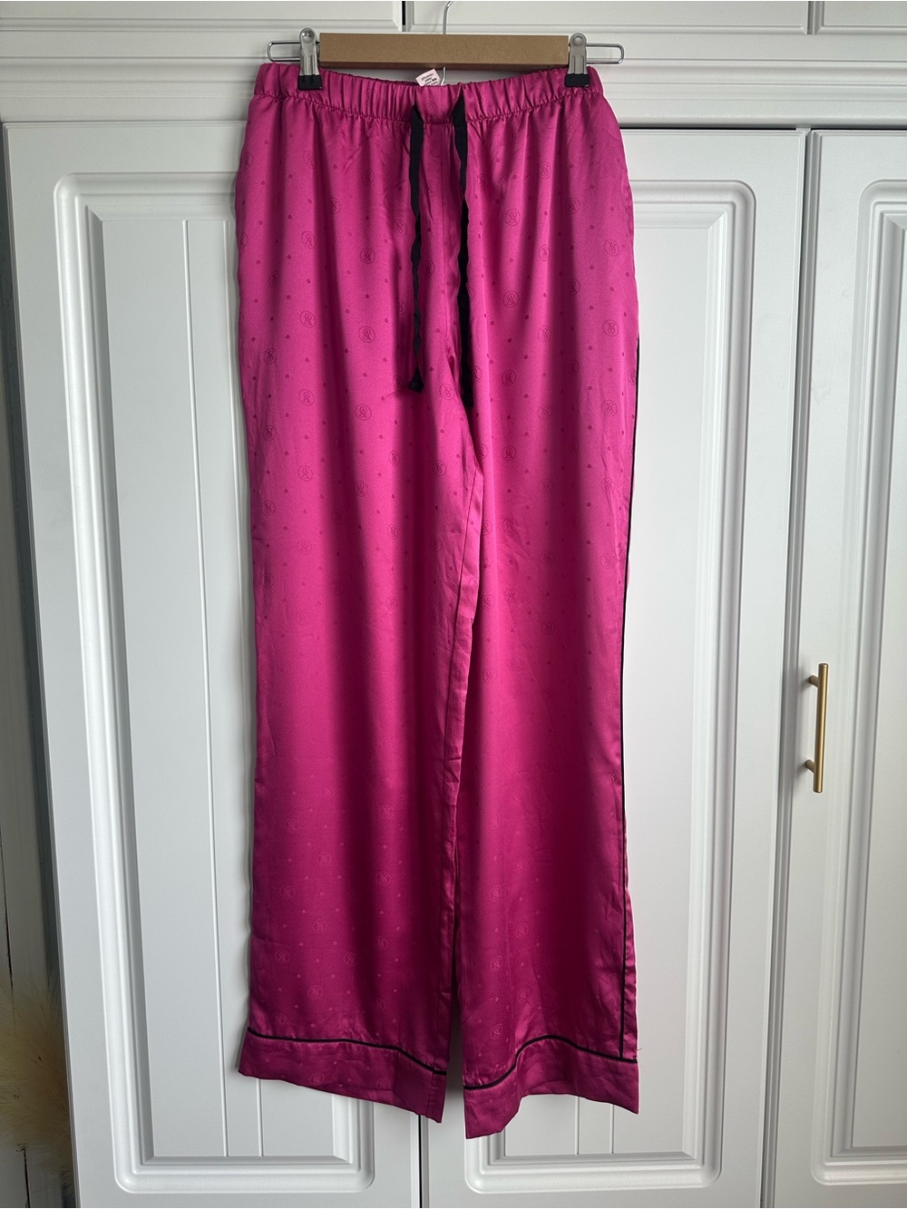 Victoria's Secret Fuchsia Satin Wide-Leg Pajama Pants with Black Drawstring